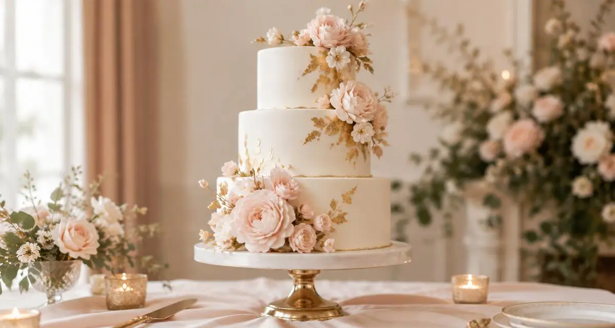 Elegant three-tier white wedding cake with blush sugar flowers and gold leaf