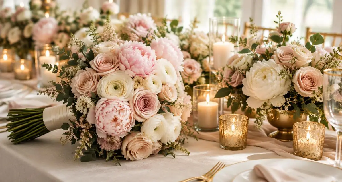 Bridal bouquet of blush roses and peonies beside candlelit table flowers
