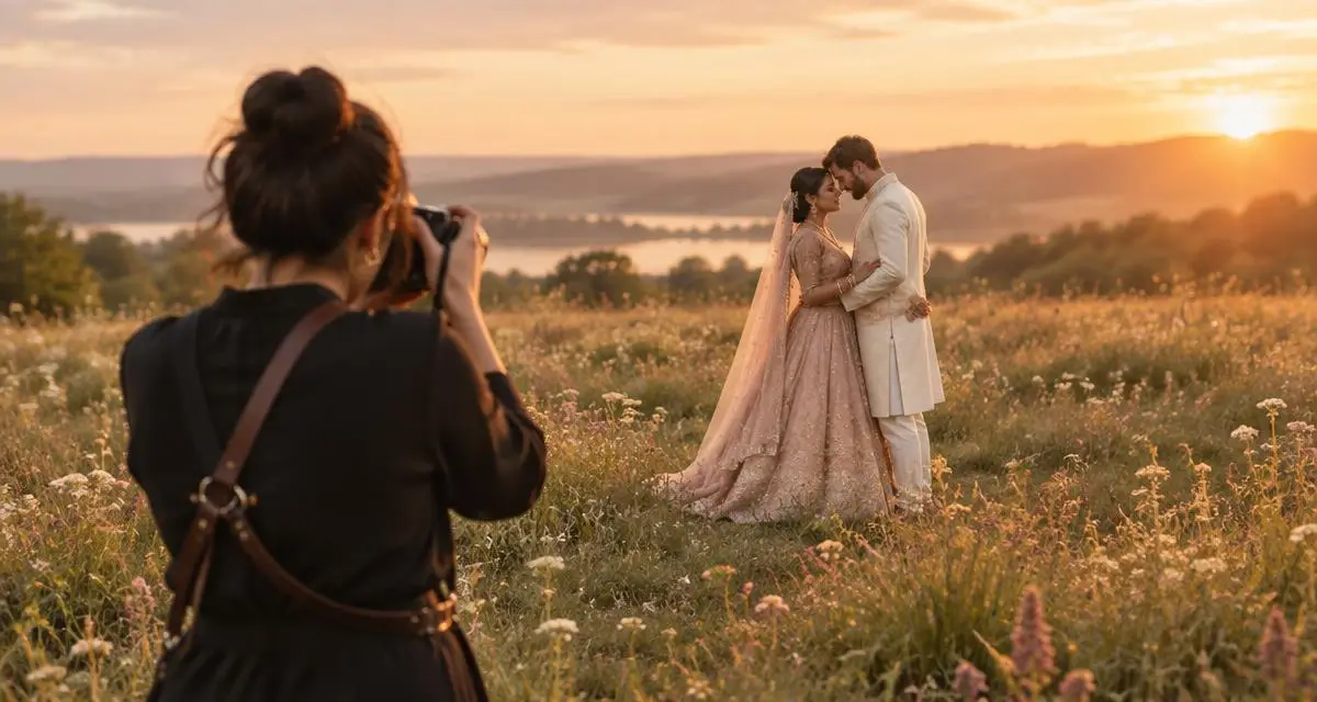 Photographer capturing a couple in a meadow at sunset