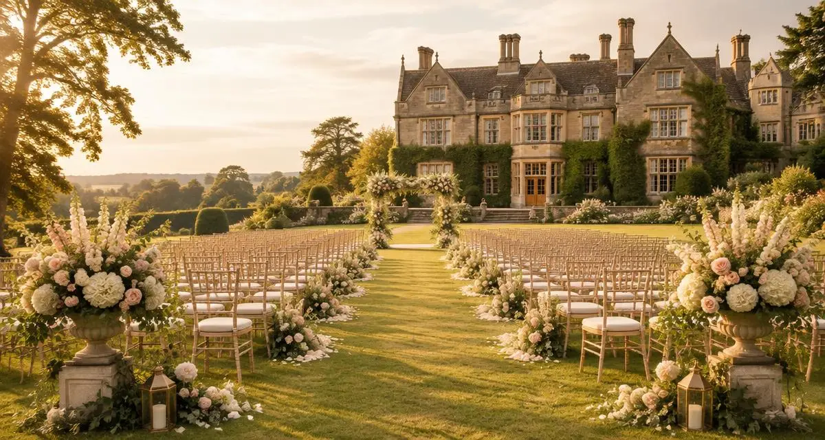 Country house wedding venue with a flower-lined ceremony aisle on the lawn